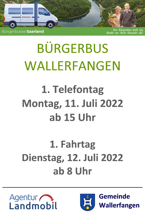 Am Montag, den 11. Juli 2022 ist von 15 - 16:30 Uhr in der Gemeinde Wallerfangen erstmals die telefonische Vorbestellung möglich. Erster Fahrtag ist Dienstag, 12. Juli 2022 ab 8 Uhr. Grafik (c) Agentur Landmobil